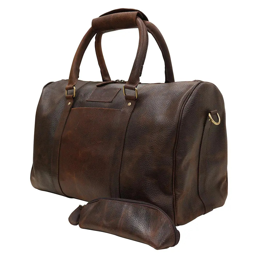 Brown leather duffel bag on a white background