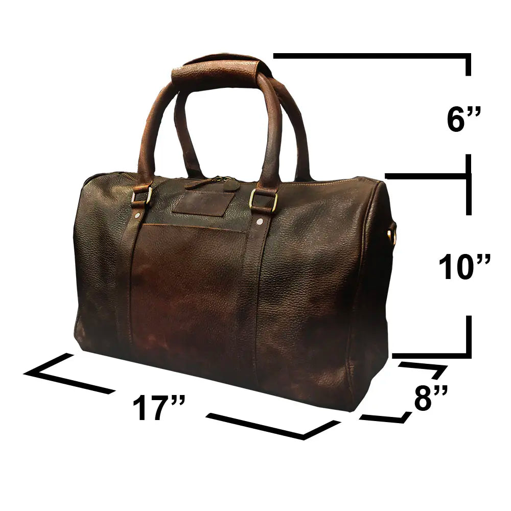 Brown leather duffel bag with measurements on a white background