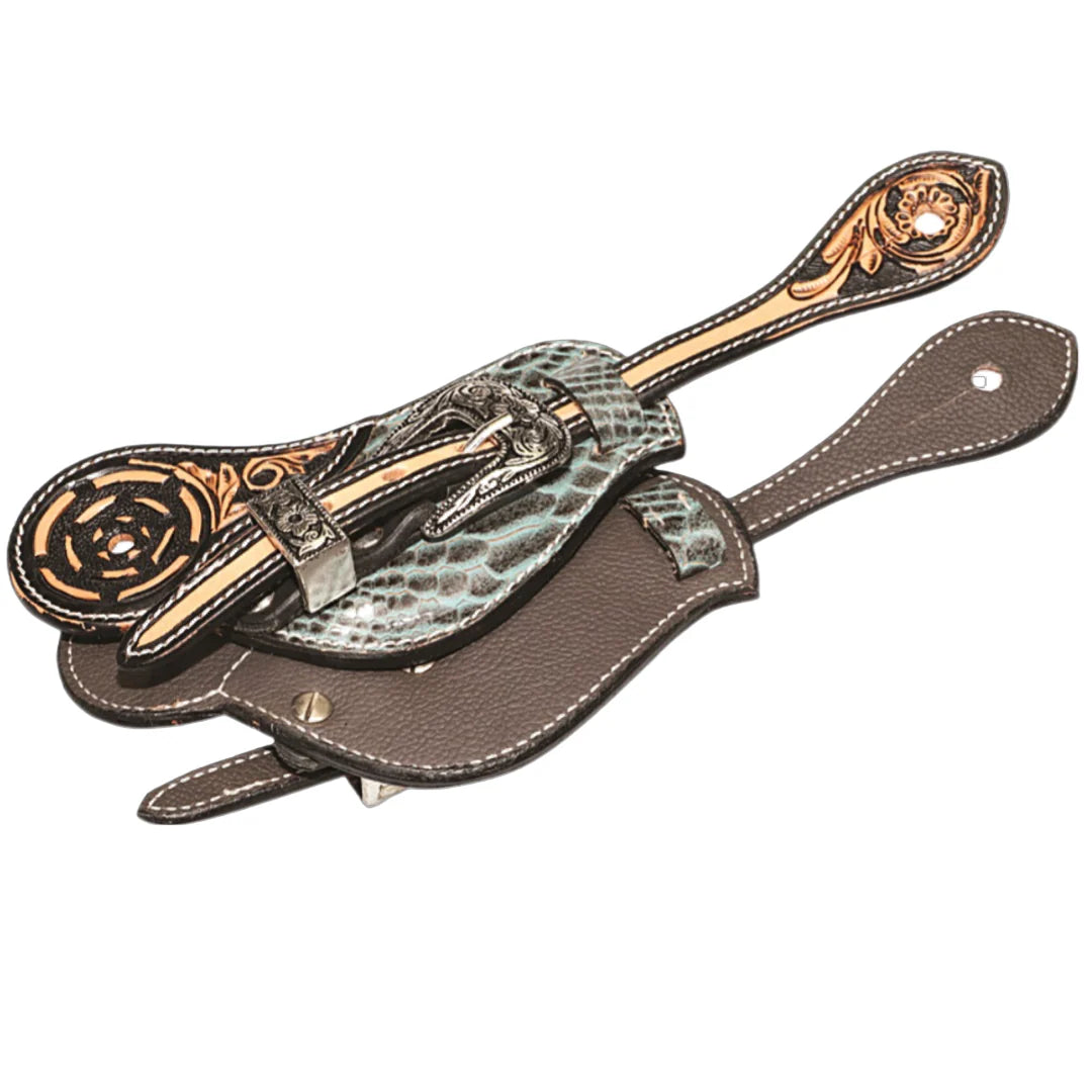 Leather Dayton Western Spur Straps detailed with teal snakeskin accents and natural-color leather embossing