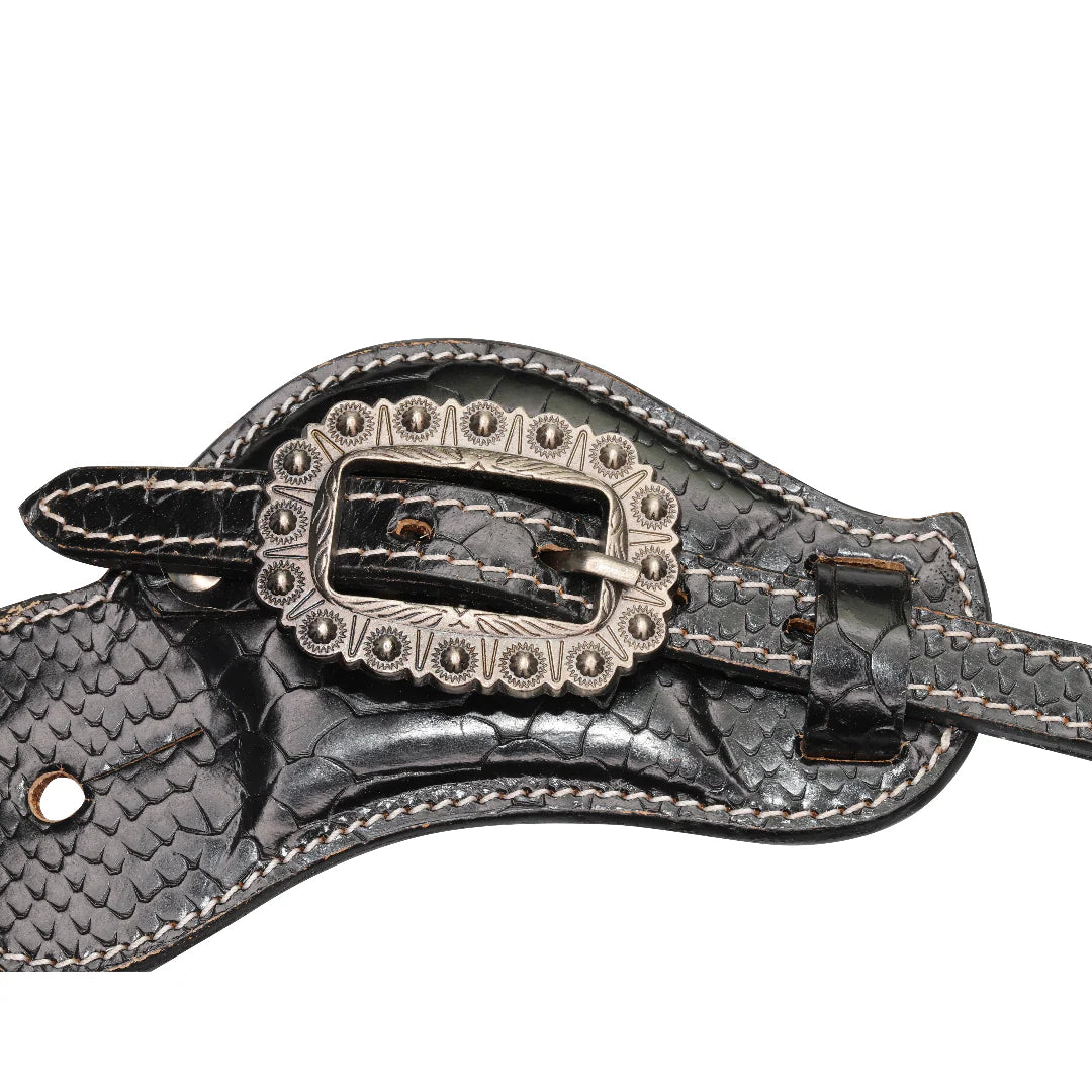 Close up of Durham Western Spur Straps with black croc-embossing and ioron-beaded buckles