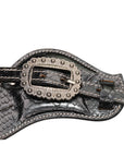 Close up of Durham Western Spur Straps with black croc-embossing and ioron-beaded buckles