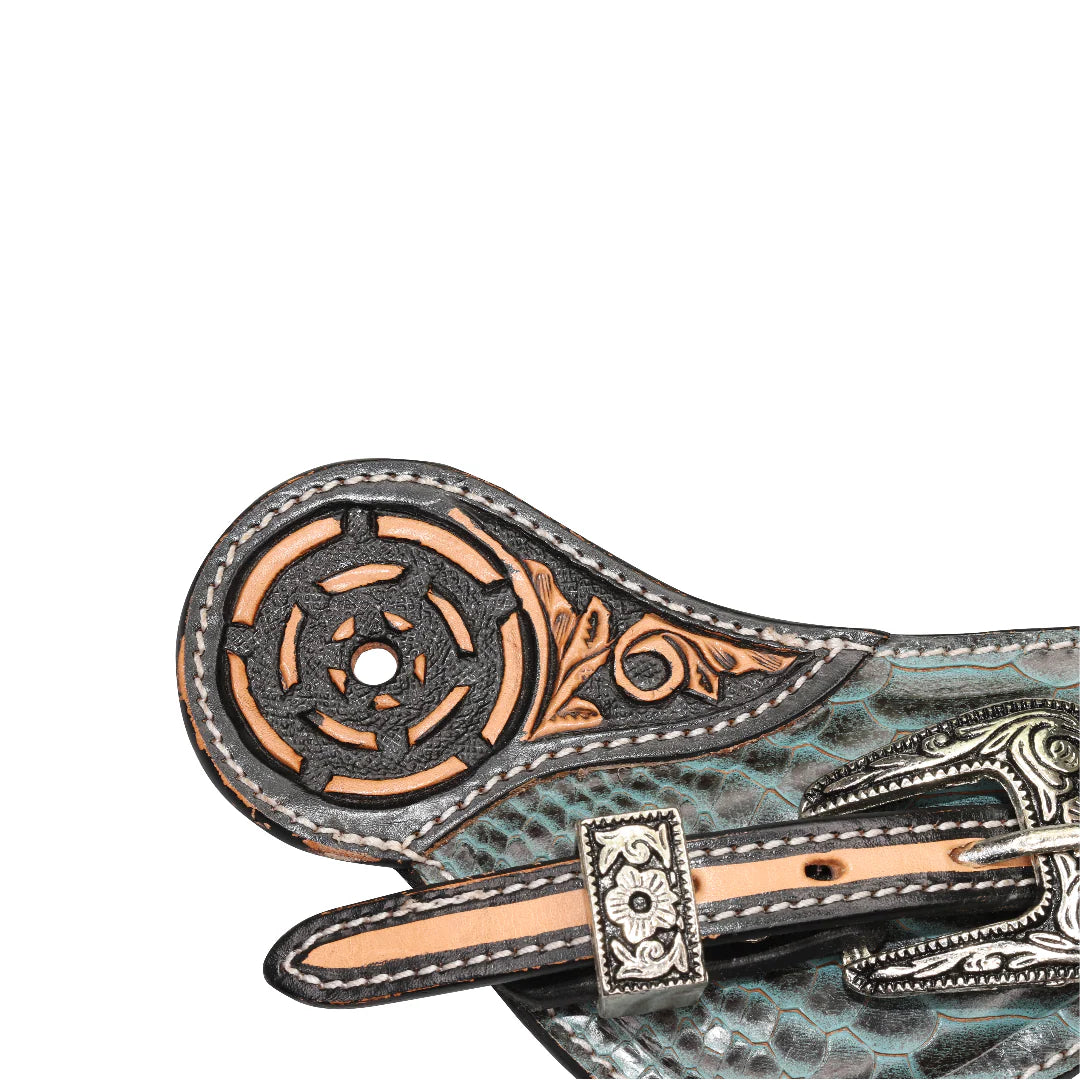 Embossing details of Leather Dayton Western Spur Straps and teal snakeskin accents