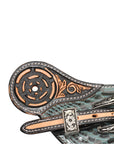 Embossing details of Leather Dayton Western Spur Straps and teal snakeskin accents