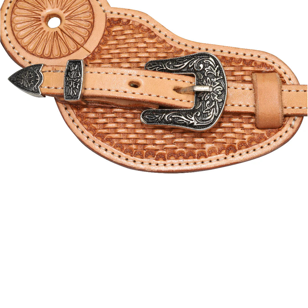 Spur straps featuring a basket weave embossing with metal buckle.