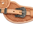 Spur straps featuring a basket weave embossing with metal buckle.