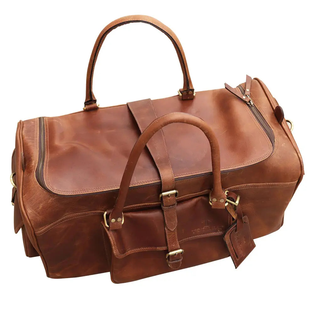 Brown leather duffel bag on a white background