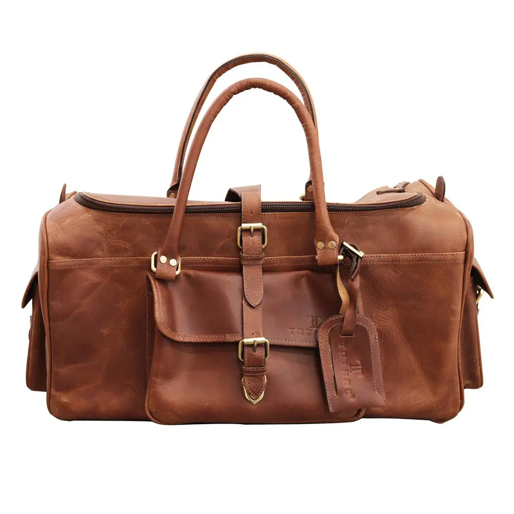 Brown leather duffel bag with gold buckles on a white background