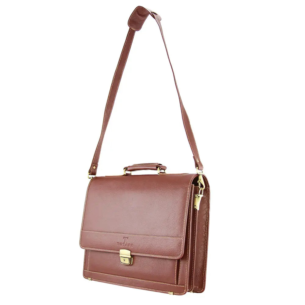 Brown leather briefcase with a shoulder strap on a white background