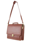 Brown leather briefcase with a shoulder strap on a white background