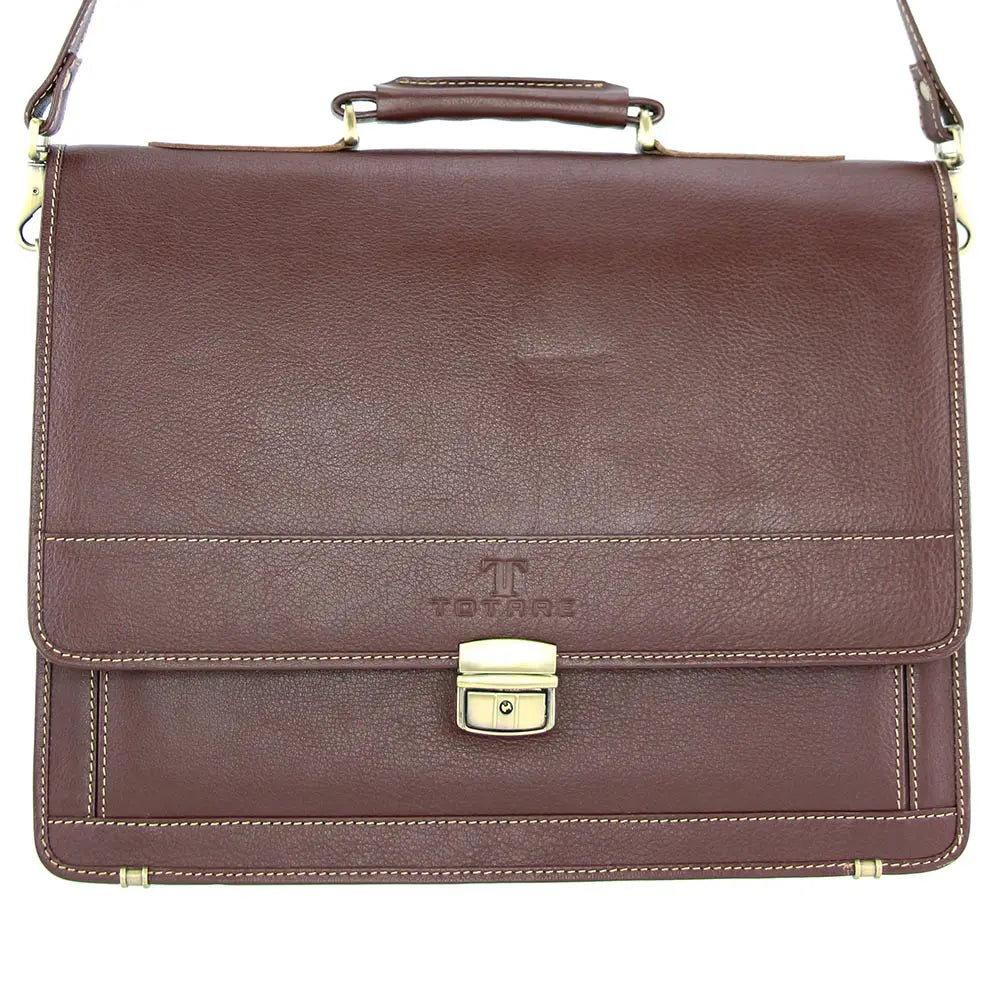 Brown leather briefcase with gold accents on a white background