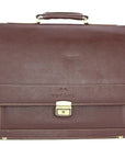 Brown leather briefcase with gold accents on a white background