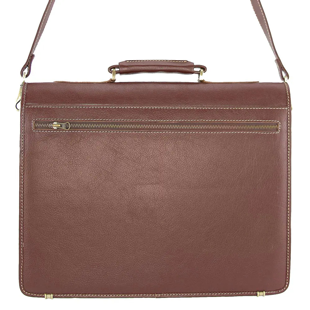 Brown leather briefcase with a shoulder strap on a white background