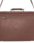 Brown leather briefcase with a shoulder strap on a white background