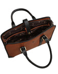 Brown leather handbag with black handles and strap on a white background