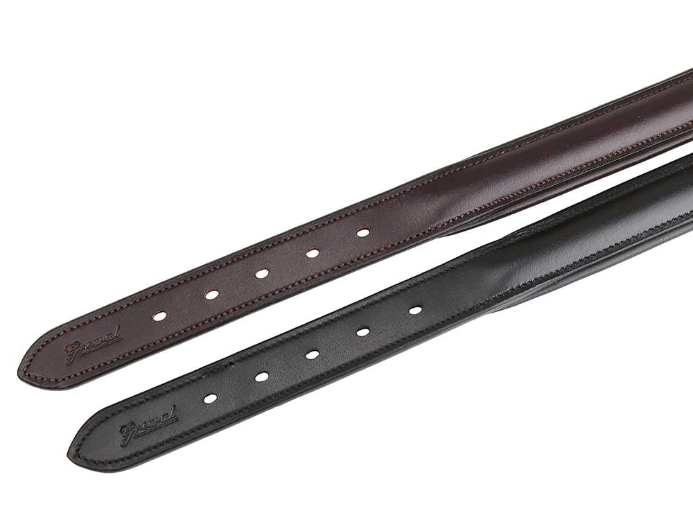 Two leather replacement halter crown straps with Grewal Equestrian brand logo