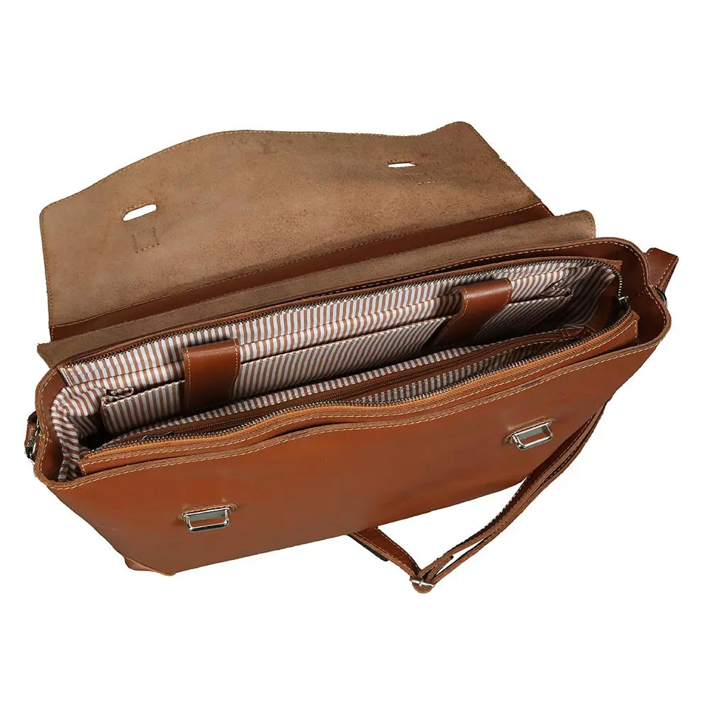 Brown leather bag with open front compartment on a white background