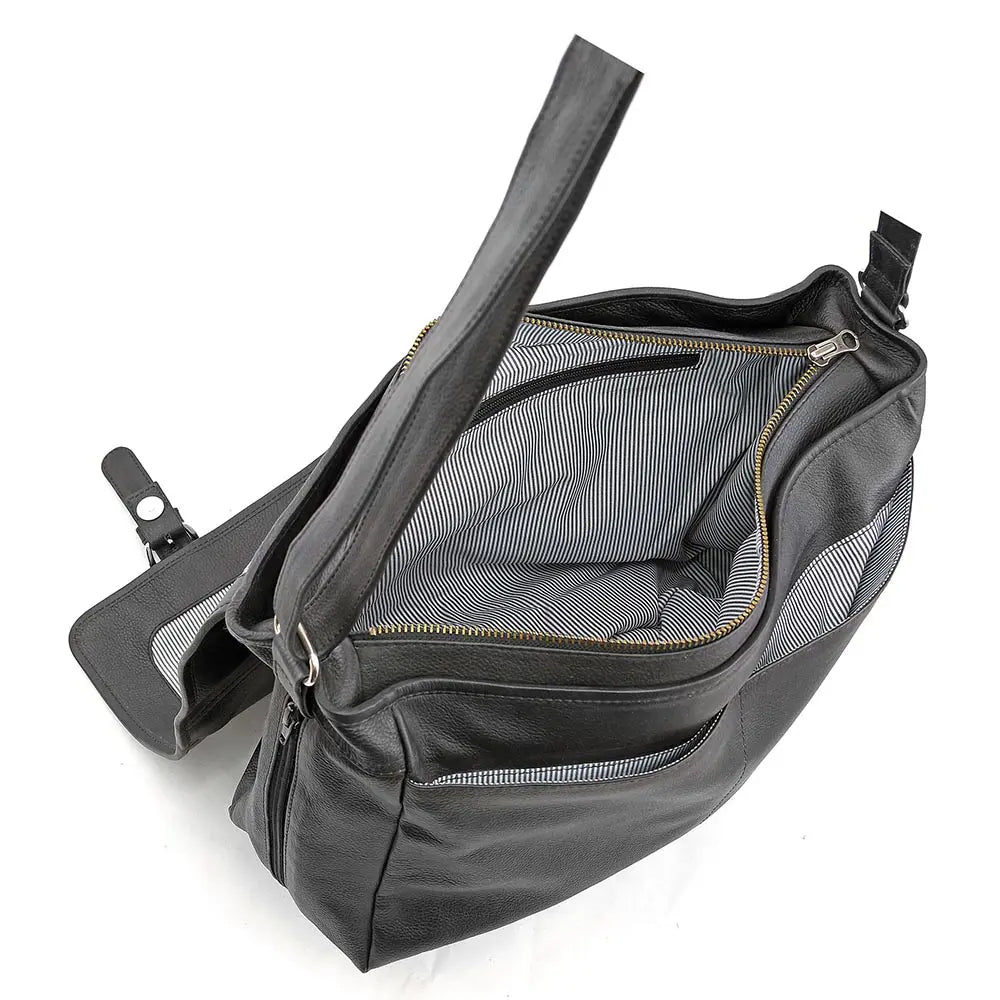 Black shoulder bag with a zipper on a white background