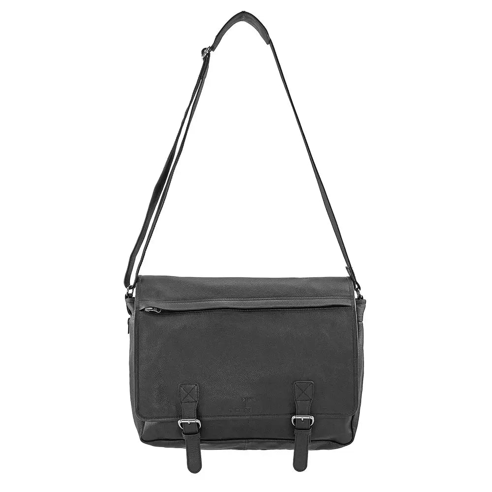 Black leather shoulder bag on a white background