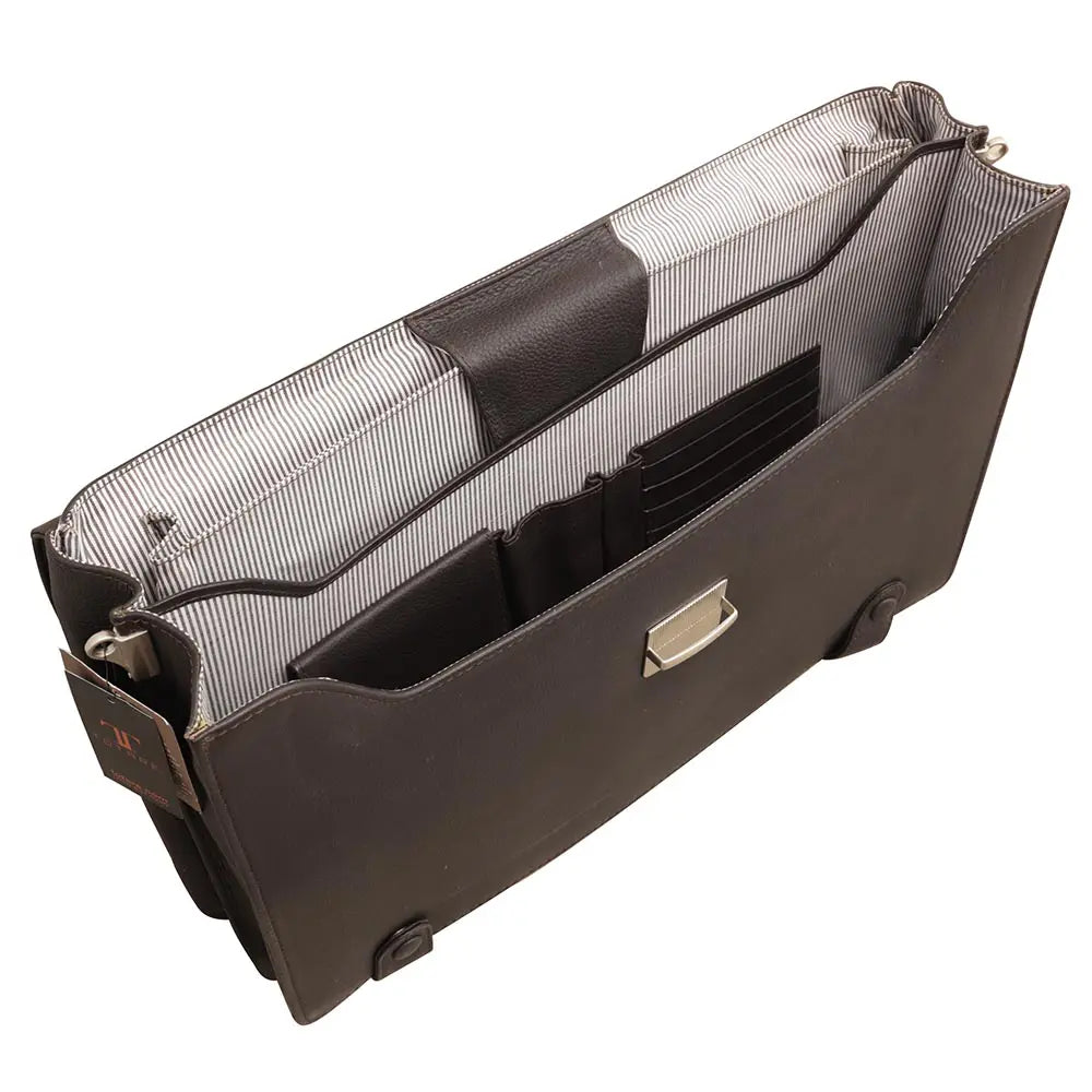 Brown briefcase with a mesh interior on a white background