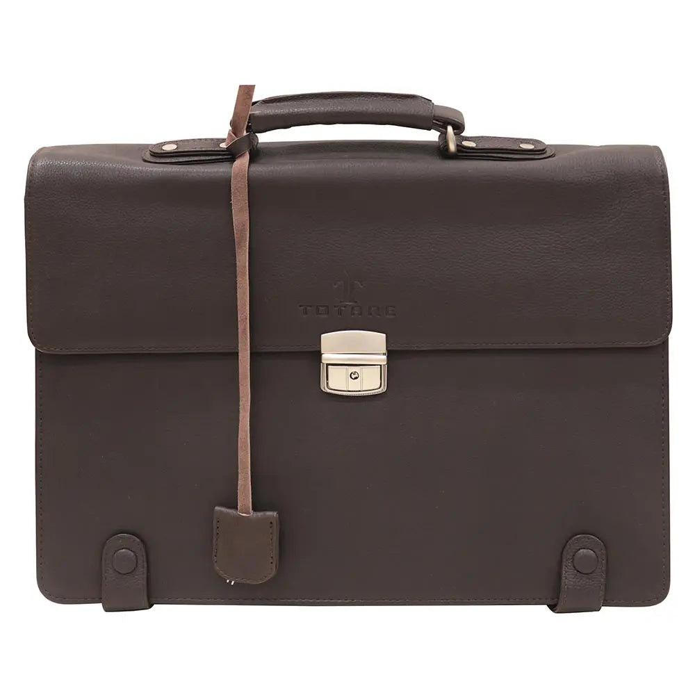 Brown leather briefcase with a strap on a white background
