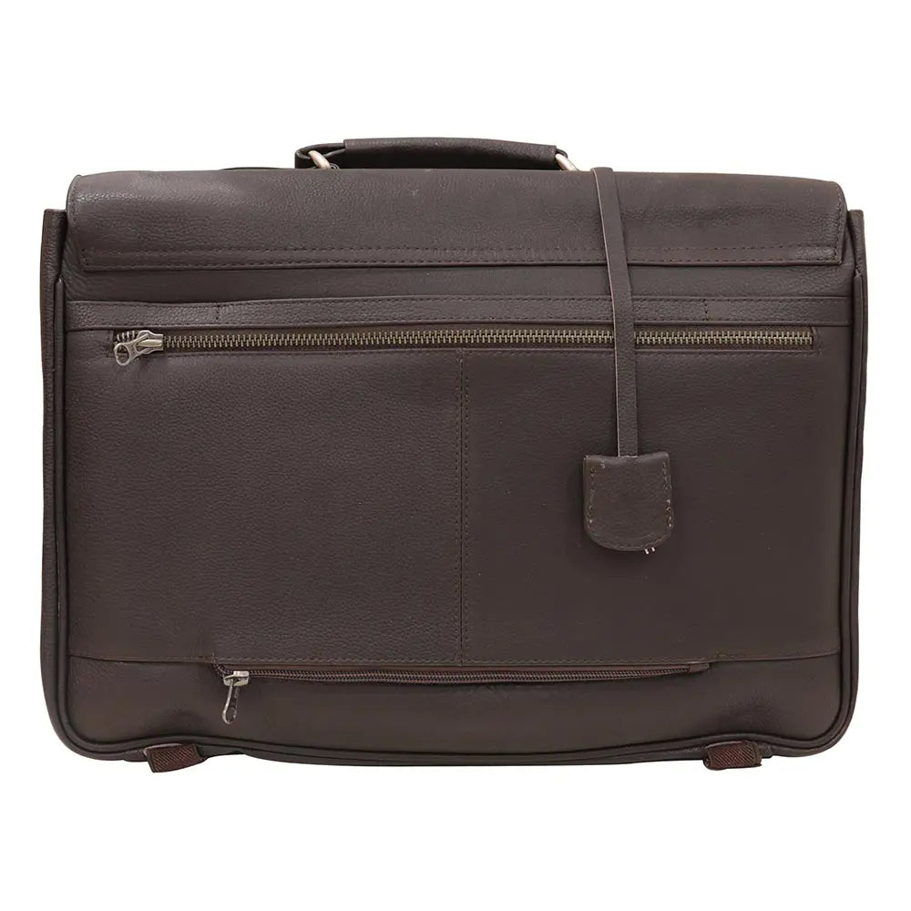 Brown leather briefcase with zippers on a white background