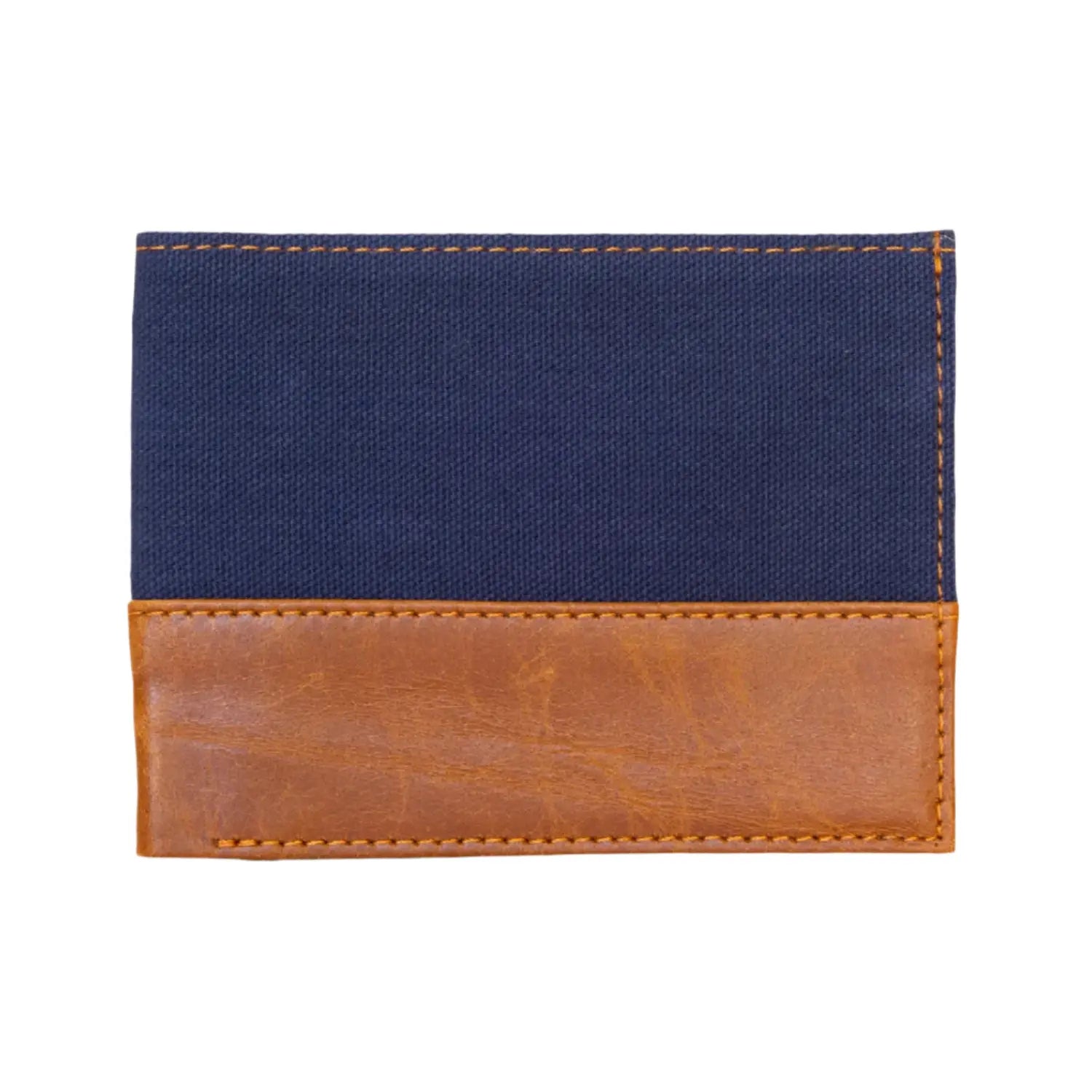 Navy blue and brown wallet on a white background