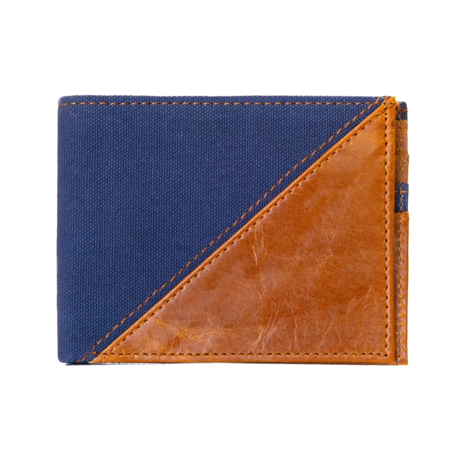 Two-tone blue and brown wallet on a white background