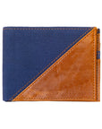 Two-tone blue and brown wallet on a white background