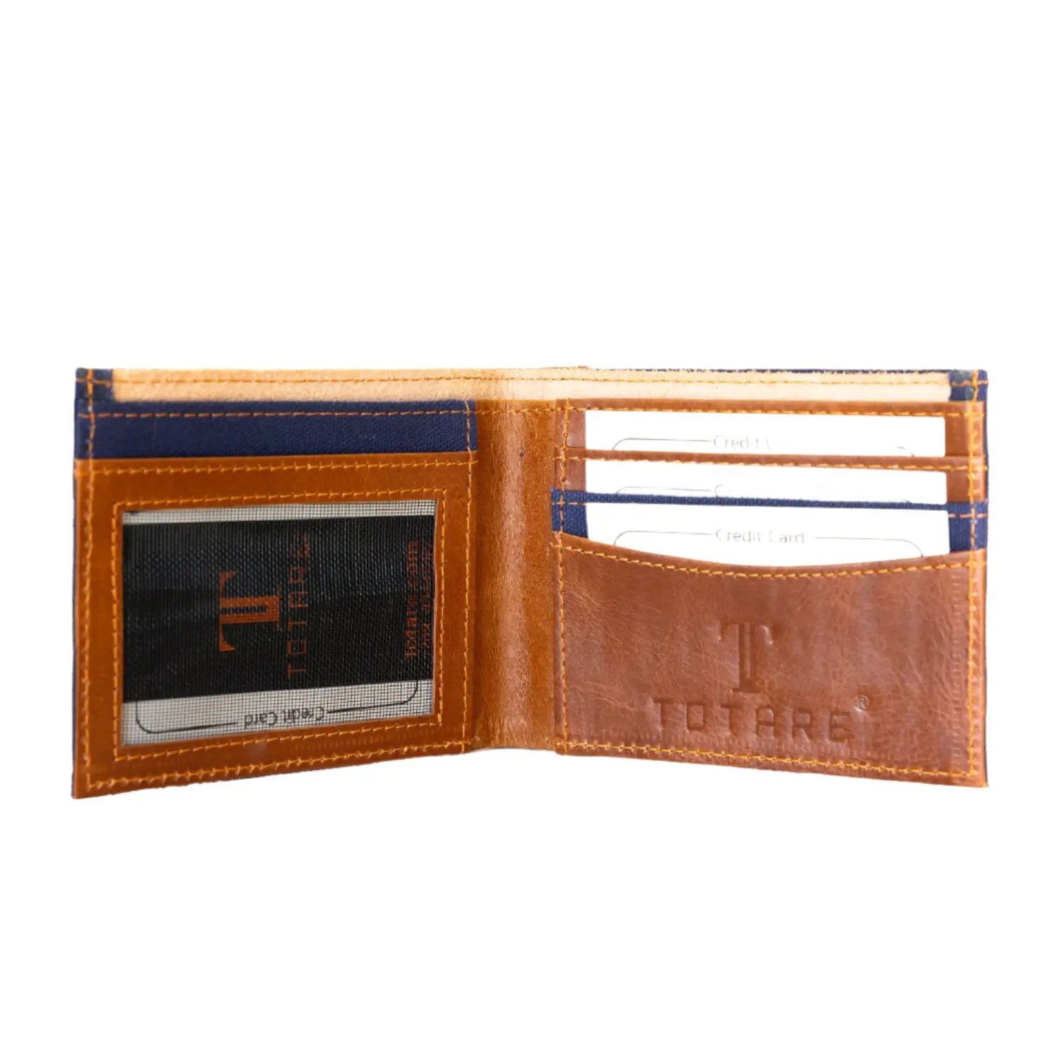 Brown leather wallet with card slots on a white background
