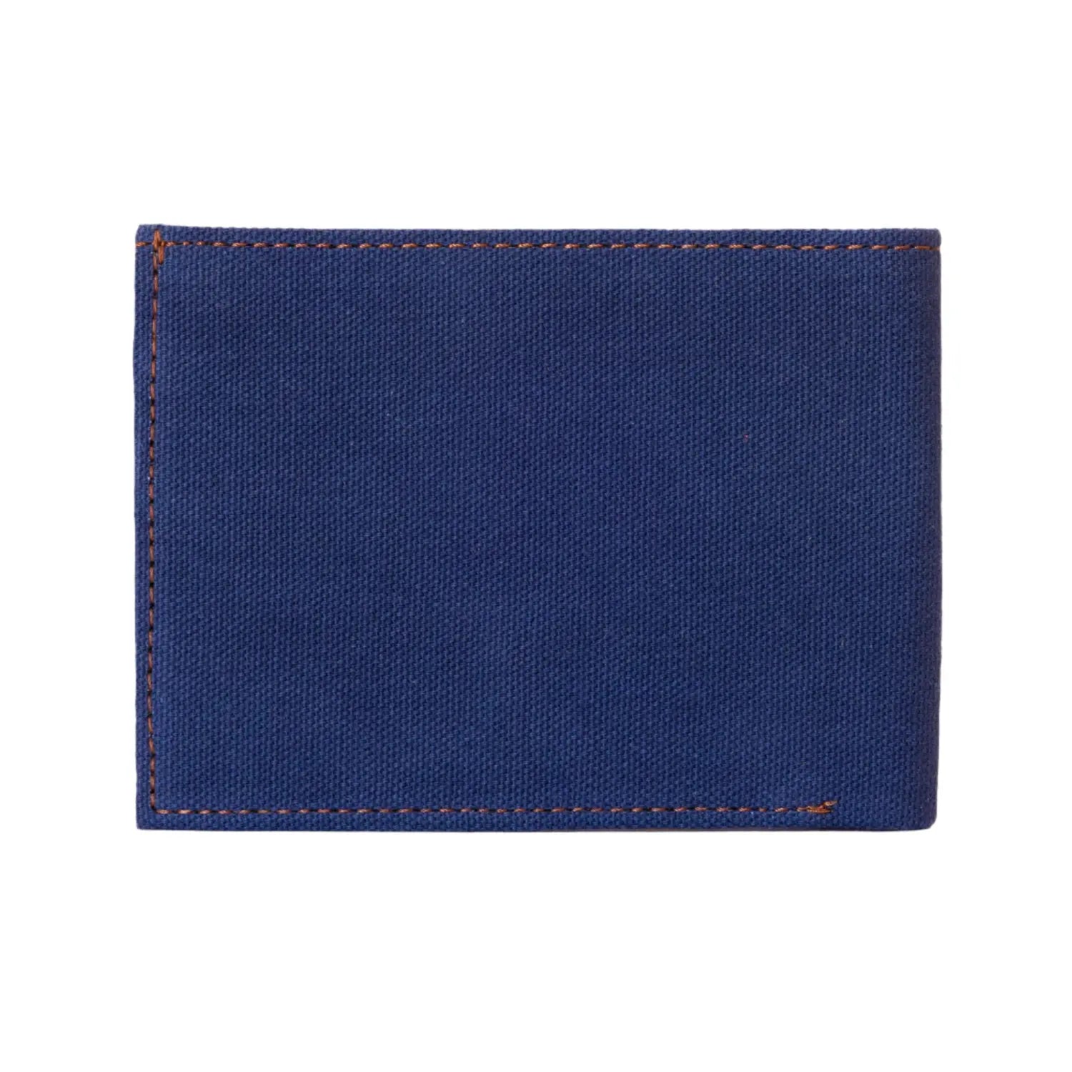 Blue fabric wallet with brown stitching on a white background