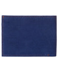 Blue fabric wallet with brown stitching on a white background