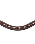 Brown leather browband with red and gold beads on a white background