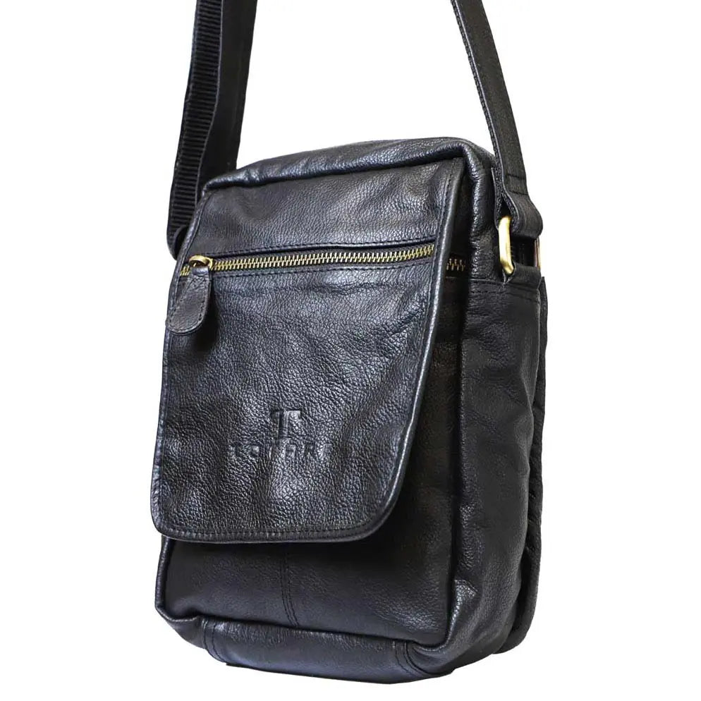 Black leather crossbody bag with a visible brand logo on a white background