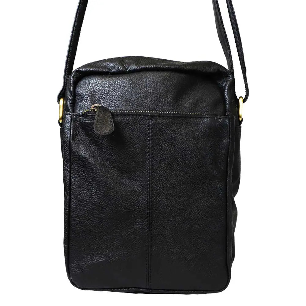 Black leather crossbody bag on a white background