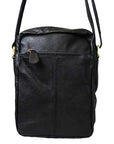 Black leather crossbody bag on a white background