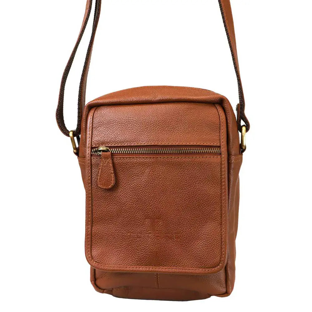 Brown leather crossbody bag on a white background