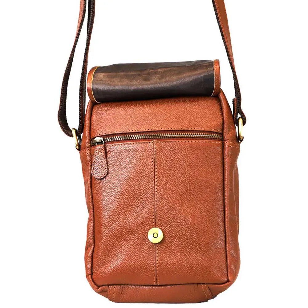 Brown leather crossbody bag with a visible brand logo on a white background