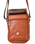 Brown leather crossbody bag with a visible brand logo on a white background