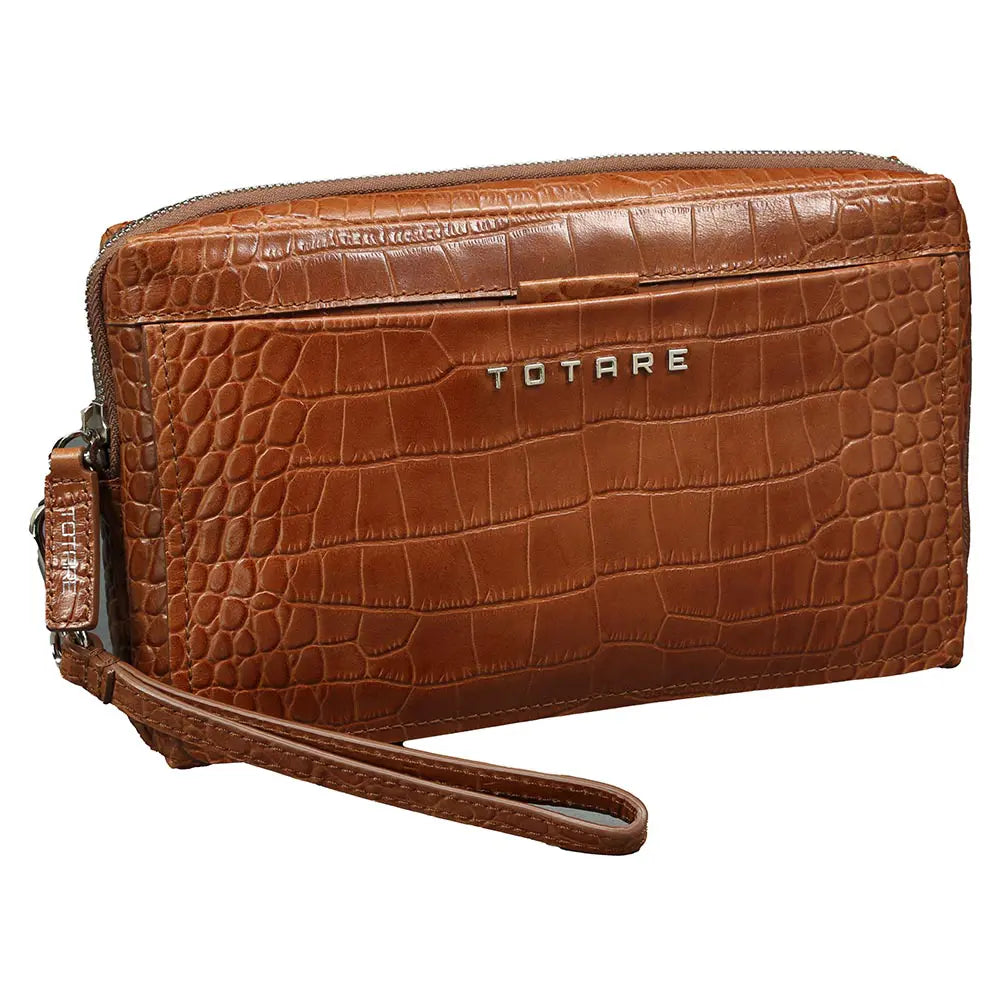 Brown crocodile-patterned clutch bag with a visible brand name on a white background