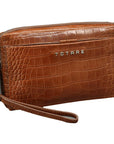 Brown crocodile-patterned clutch bag with a visible brand name on a white background
