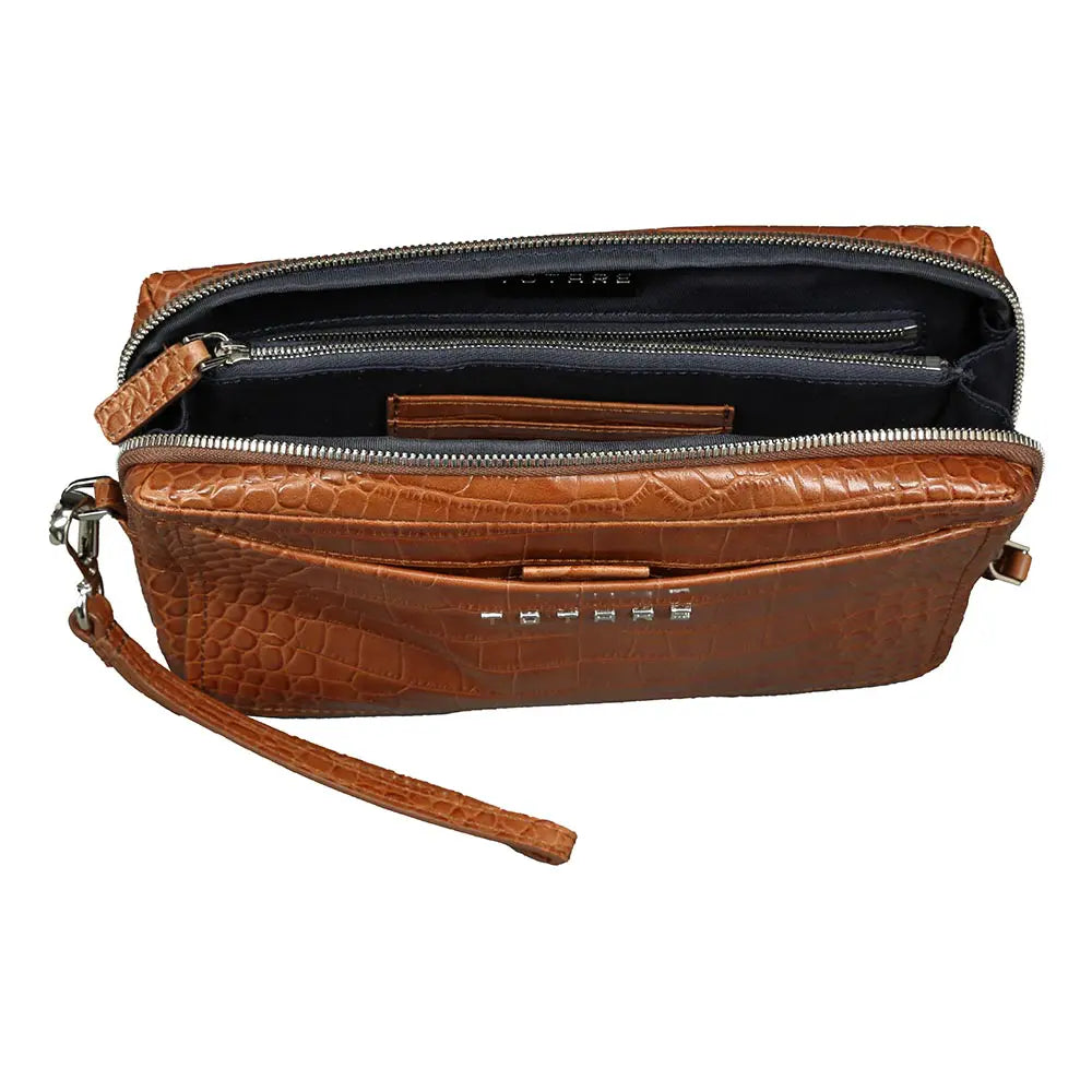 Brown leather clutch bag with a strap on a white background