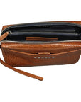 Brown leather clutch bag with a strap on a white background