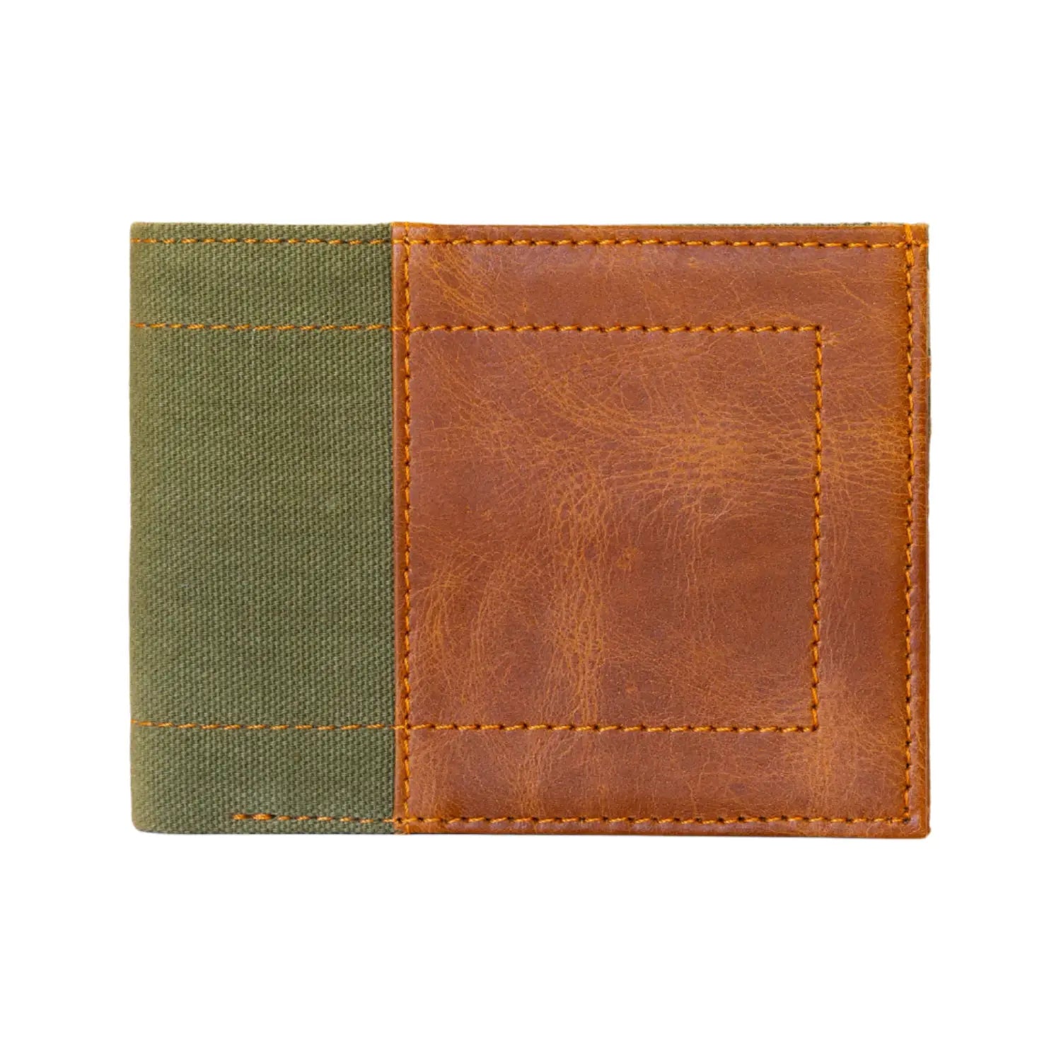 Two-tone wallet with green fabric and brown leather on a white background