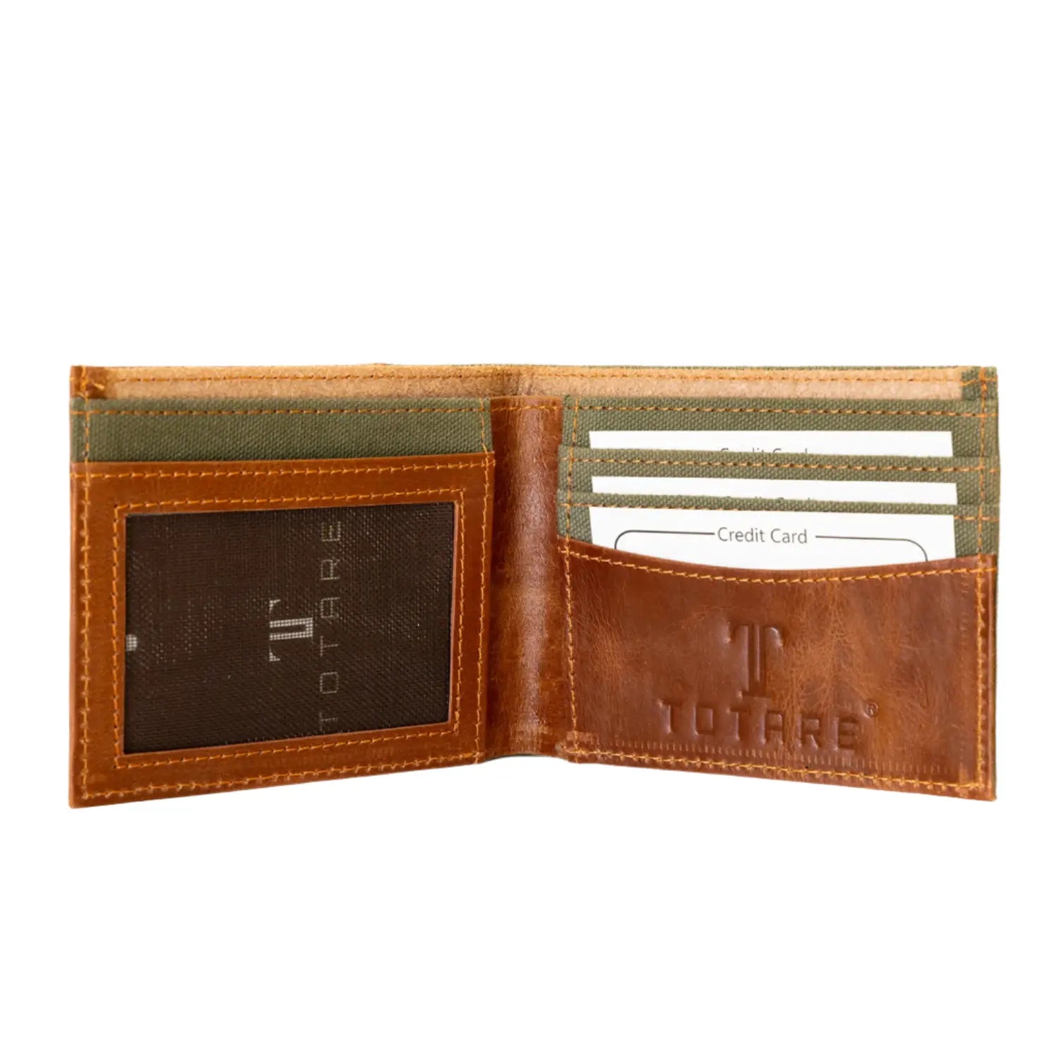 Brown leather wallet with green interior on a white background