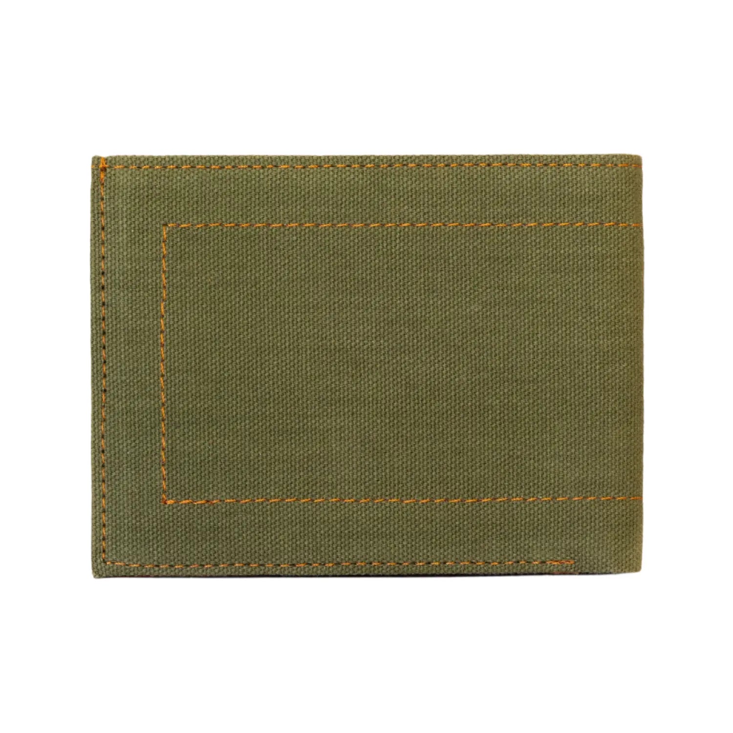Green fabric patch with orange stitching on a white background