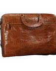 Brown leather briefcase with crocodile texture on a white background