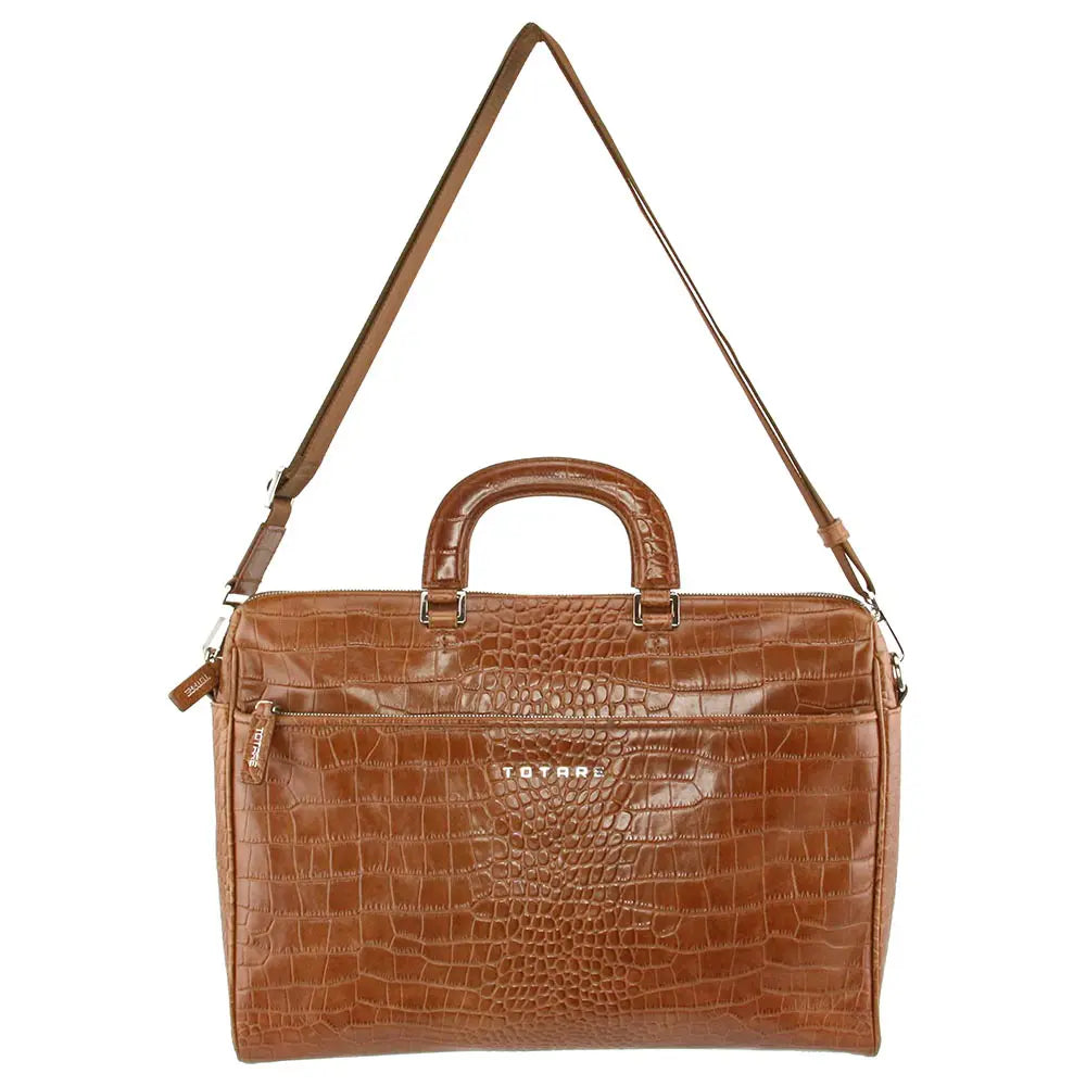 Brown crocodile-patterned leather bag with a shoulder strap on a white background