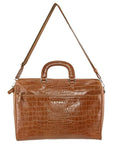 Brown crocodile-patterned leather bag with a shoulder strap on a white background
