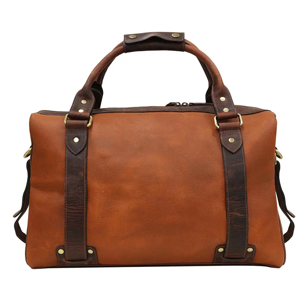 Brown leather duffel bag with dark brown straps on a white background