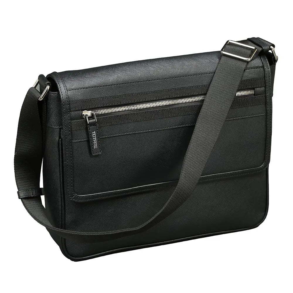 Black leather shoulder bag with a visible brand logo on a white background
